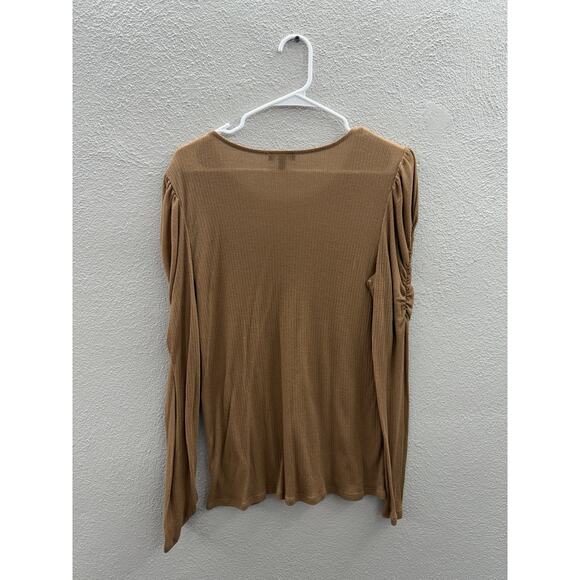 Express Womens Shirt Size XL Brown Ribbed LongSleeve Ruched Shoulder Lightweight - Picture 5 of 9